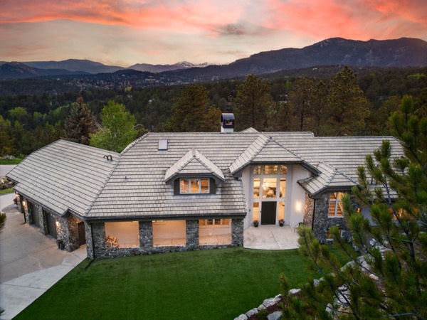 Mountain contemporary home in Evergreen with sunset over the Continental Divide